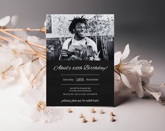 Photo invitation, mens birthday invite, black and white, minimalist, womens invite, 30th, 50th birthday, photo template, picture invite, AD1