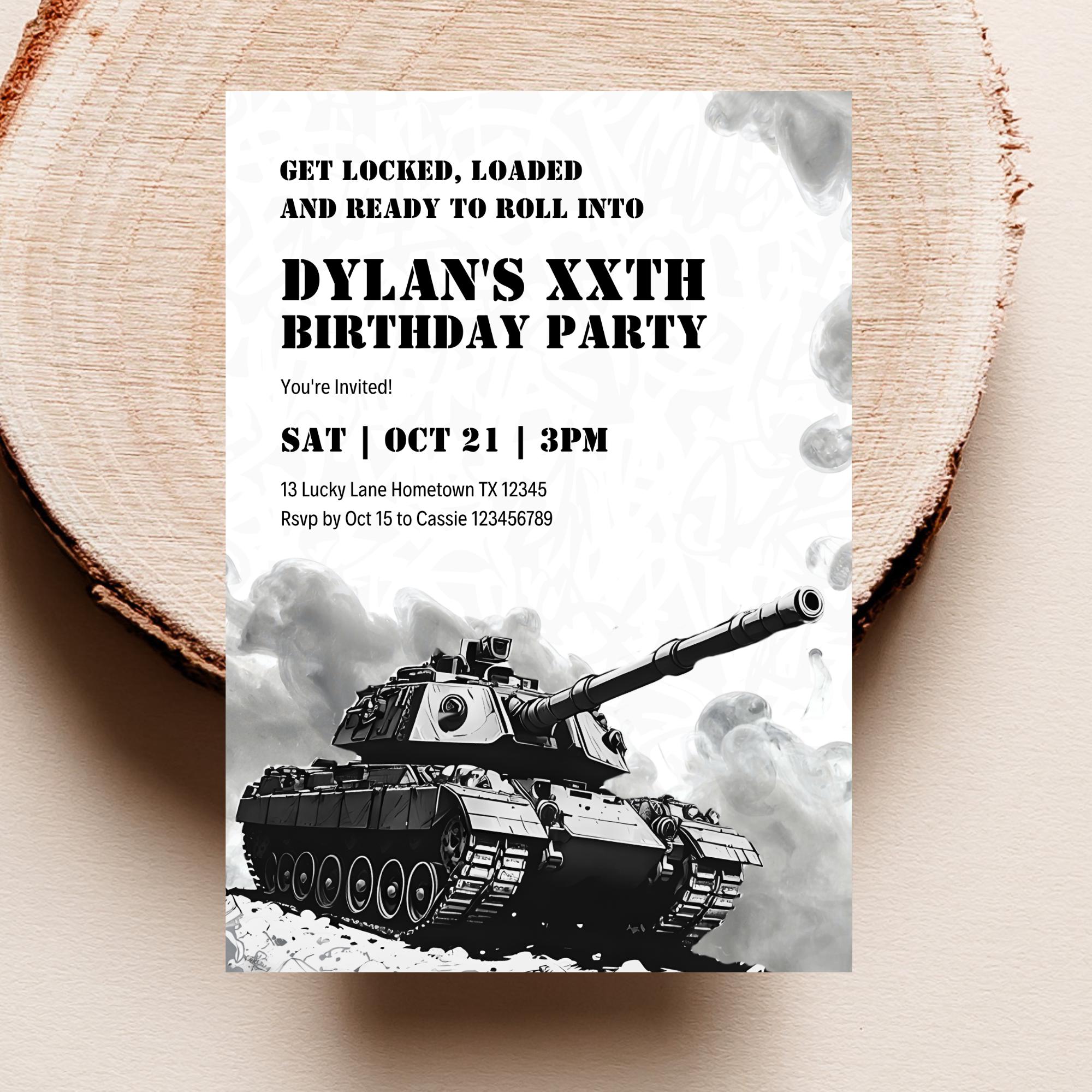 Tank Birthday Invitation Printable | Military Birthday Party Invite ...