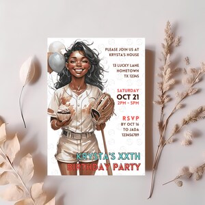 May include: A baseball-themed birthday party invitation featuring a cartoon illustration of a woman wearing a baseball uniform and holding a cupcake and a baseball glove. The invitation includes the text "Please join us at Krysta's House", "Saturday Oct 21 2PM-5PM", "RSVP by Oct 16 to Jada 123456789", and "Krysta's XXTH Birthday Party".