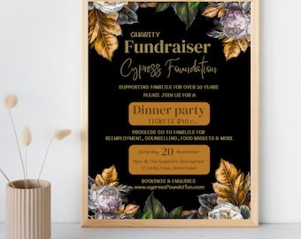 Charity event flyer template, fundraiser dinner party invitation, A4 poster, black moody floral theme, INSTANT DOWNLOAD, edit in Canva, FR