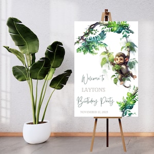 Monkey welcome sign for birthday party, gender neutral jungle theme, INSTANT DOWNLOAD custom party sign board, editable Canva template MM5