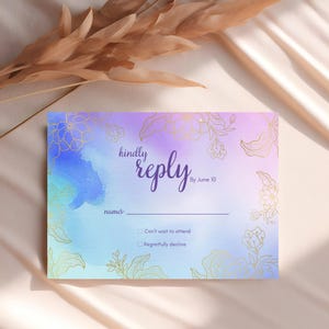 Modelo de cartão RSVP roxo, cartões RSVP de casamento lilás, cartão de resposta gentil com flores douradas, RSVP lavanda, cartão postal RSVP, RSVP de chá de panela, BSVIV