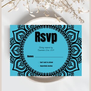 Tarjeta Rsvp azul, inserto de invitación de cumpleaños azul, tarjeta de respuesta imprimible, respuesta de boda, DESCARGA INSTANTE, plantilla Canva editable, MRA
