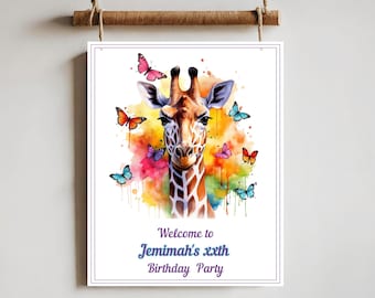 Sjabloon giraf verjaardagsbordje, welkomstbord giraf babyshower, feestdecor safari dier, decor giraf verjaardag, kunst aan de muur kinderdagverblijf, GR4