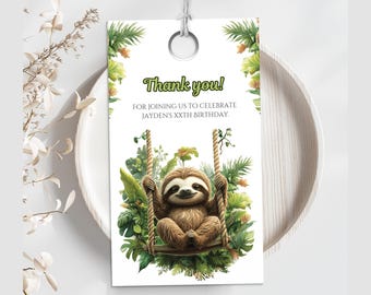 Süßes Faultier Dankeschön-Anhänger, Faultier Geburtstagsparty Geschenkanhänger, Dschungeltier Geschenkanhänger, Goody Bag Tag, Safari, bearbeitbares Dankeschön Tag, JA5