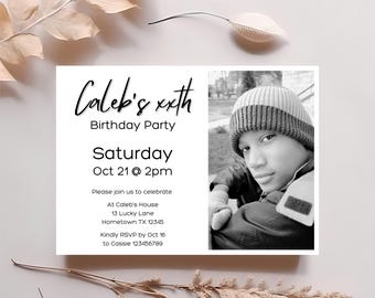 13th birthday photo invitation, boys 13th photo invite, girls teen photo invite, black & white photo invite, thirteenth digital invite, AD1