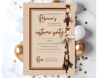 Female cowgirl birthday invitation, country glam costume party invite, cowgirl dress up theme, fashion party, editable Canva template, CWG