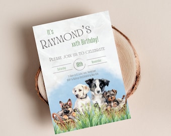 Invitación de cumpleaños de perro azul, invitación a fiesta de cachorros, invitación de cumpleaños de niños, invitación DIGITAL de perro de niños, invitación de perro de niña, editar plantilla de Canva, K92