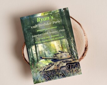 May include: A green and brown birthday party invitation with a watercolor background of a forest. The invitation features a green tank in the foreground and the text "Ryan's xxth Birthday Party!" in green text. The invitation also includes the date, time, location, and RSVP information.