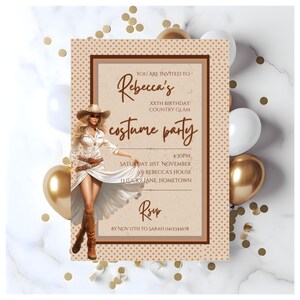 Invitación a fiesta de disfraces de vaquera, invitación de cumpleaños de vaquera, fiesta de disfraces de vaquera, fiesta de vaquera, plantilla editable de Canva, CWG
