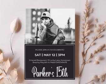 15th birthday photo invitation, boys 15th photo invite, girls teen photo invite, black & white photo invite, fifteenth digital invite, AD1