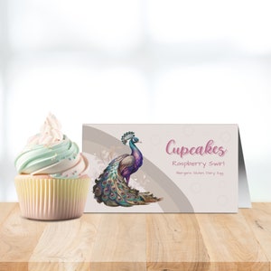 Peacock food label, neutral, purple blue feathers, birthday party menu card, food station tent tag INSTANT DOWNLOAD edit Canva template EMI