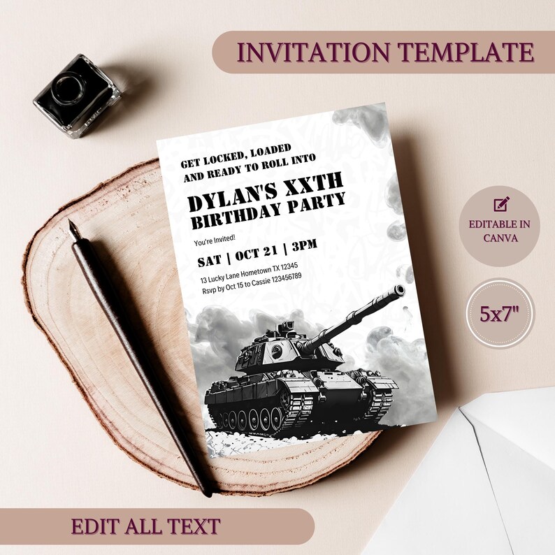 Tank Birthday Invitation Printable | Military Birthday Party Invite ...