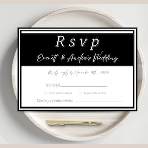 Cartão Rsvp de casamento, cartão rsvp moderno, inserção de convite, preto e branco minimalista, cartão de resposta gentil de casamento, modelo Canva editável, WD1