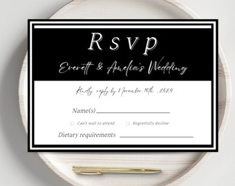 Wedding Rsvp card, modern rsvp card, invitation insert, minimalistic black & white, wedding kindly reply card, editable Canva template, WD1
