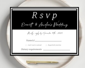 Hochzeit Rsvp Karte, moderne Rsvp Karte, Einladungskarte, minimalistisch schwarz & weiß, Hochzeit Antwortkarte, bearbeitbares Canva Template, WD1