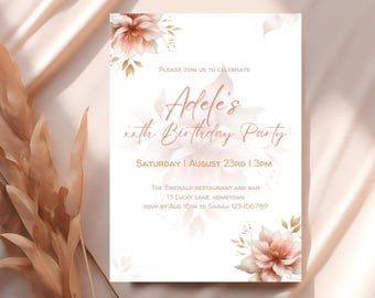 Floral birthday invitation template, editable womens birthday invitation, 40th birthday invite, 50th birthday invite, 80th, 90th invite, F48