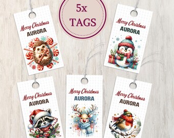 Christmas gift tag set, animal christmas tag set, printable gift tag template, digital holiday favor bundle, editable name tag favor, XMAS