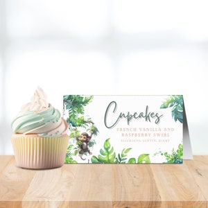 Jungle monkey food label dish card, rainforest greenery birthday party, menu food station tent tag INSTANT DOWNLOAD edit Canva template MM5