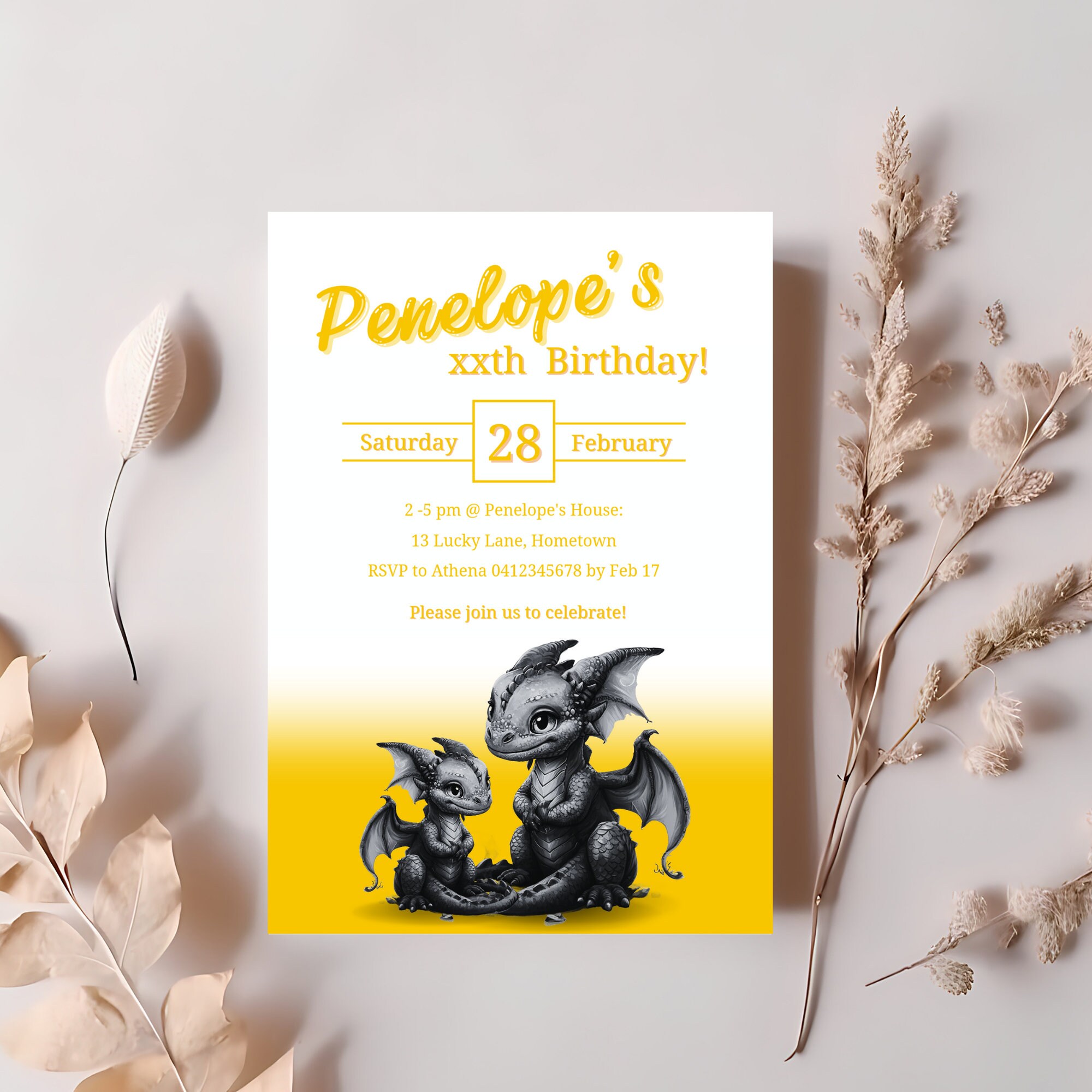 Dragon birthday invitation, yellow, white, dragon birthday, teenager invitation, mythical invite, black dragon, kids, editable template, DGN