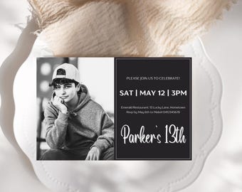 13th birthday photo invitation, boys 13th photo invite, girls teen photo invite, black & white photo invite, thirteenth digital invite, AD1