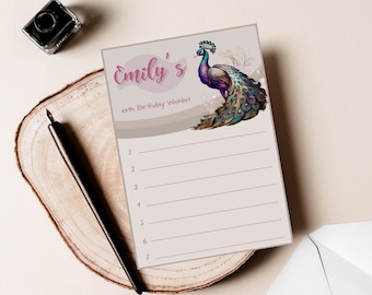 Peacock birthday present wishlist, gift list for any event, girls, blue & purple feathers INSTANT DOWNLOAD self editable Canva template, EMI