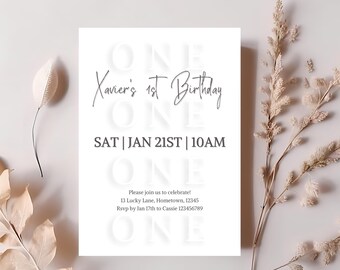 Minimalist 1st birthday invitation template, black and white first birthday invitation, one invite, editable template, SP6