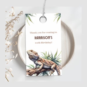 Etiqueta de agradecimiento de reptil, etiqueta de regalo de lagarto, favor de fiesta de dragón barbudo, tarjeta de agradecimiento de cumpleaños imprimible, niña, niño, plantilla Canva editable, LEO