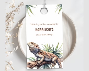 Reptile thank you tag, lizard gift tag, bearded dragon party favor, printable birthday thanks card, girl, boy, editable Canva template, LEO