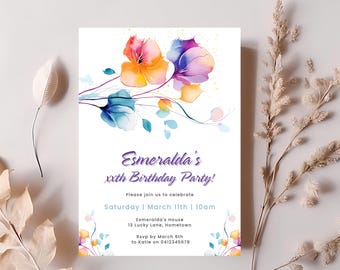 Floral birthday invitation template, 40th birthday invitation, 90th birthday invitation, floral dinner invitation, editable template, F49