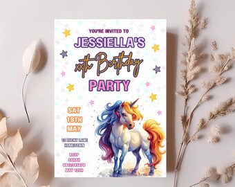 Pastel unicorn party invitation template, girl's unicorn birthday party invite, colorful pastel invitation, girl's pastel star invite, PU8