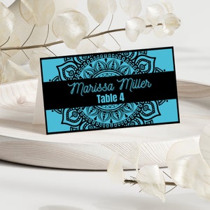 Tarjeta de lugar de cumpleaños, tarjeta de nombre de mesa azul, etiqueta de comida con henna, tarjeta de tienda de comida, tarjeta imprimible, DESCARGA INSTANTE, plantilla Canva editable, MRA