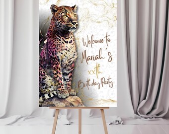 Plantilla de cartel de bienvenida de leopardo, cartel de cumpleaños de leopardo, póster de bienvenida de un animal salvaje, bienvenida de cumpleaños de un animal, descarga instantánea, plantilla Canva L67