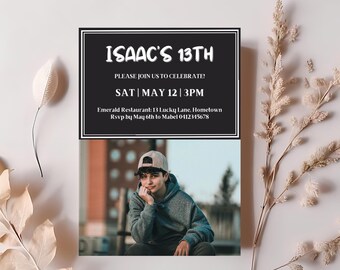 13th birthday photo invitation, boys 13th photo invite, girls teen photo invite, black & white photo invite, thirteenth digital invite, AD1