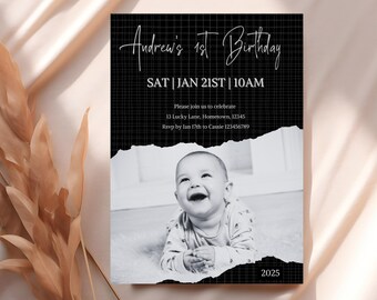 Editable 1st birthday photo invitation, minimal 1st birthday invite template, black first birthday invitation, one, INSTANT DOWNLOAD, SP6