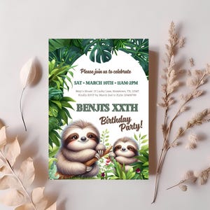 Modèle d'invitation d'anniversaire de paresseux mignon, invitation imprimable de fête de paresseux, invitation tropicale, invitation de bébé paresseux de forêt tropicale, fête à thème de jungle CS8