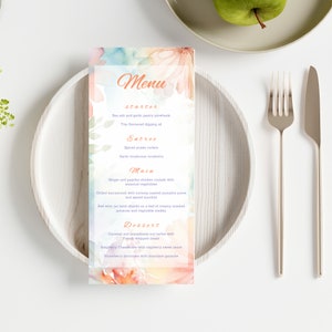 Floral Menu, pastel menu, a la carte menu card, wedding menu card, charity fundraiser event, boho, table decor, editable Canva template, FR1