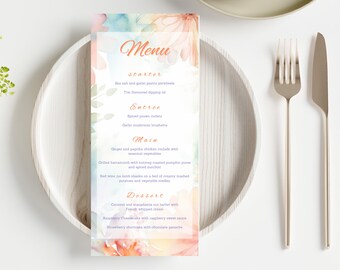 Floral Menu, pastel menu, a la carte menu card, wedding menu card, charity fundraiser event, boho, table decor, editable Canva template, FR1