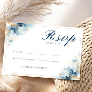 Carte de réponse, réponse de mariage or et bleu marine, encart floral d'invitation de mariage, carte de réponse imprimable, réponse de mariage, modèle modifiable, ENCRE