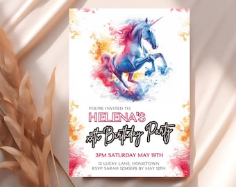 Pastel unicorn party invitation template, girl's unicorn birthday party invite, colorful pastel invitation, girl's pastel horse invite, PU8
