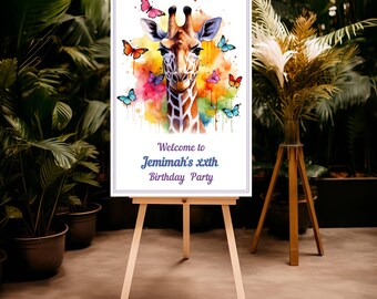 Sjabloon giraf verjaardagsbordje, welkomstbord giraf babyshower, feestdecor safari dier, decor giraf verjaardag, kunst aan de muur kinderdagverblijf, GR4