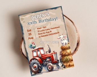 Invito per trattore per ragazzi, invito alla fattoria, invito all'aia, festa in fattoria, trattore rosso, animali da fattoria, invito alla festa del trattore, modello modificabile, FRM1