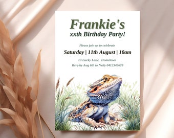 Bearded dragon birthday invitation, reptile invitation, lizard birthday invite, reptile printable invitation, editable Canva template, BR2