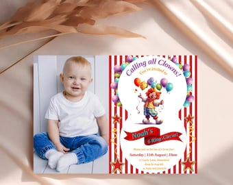 Clown birthday invitation template, editable photo circus birthday invite, photo carnival invite, circus birthday party, clown birthday, CC6