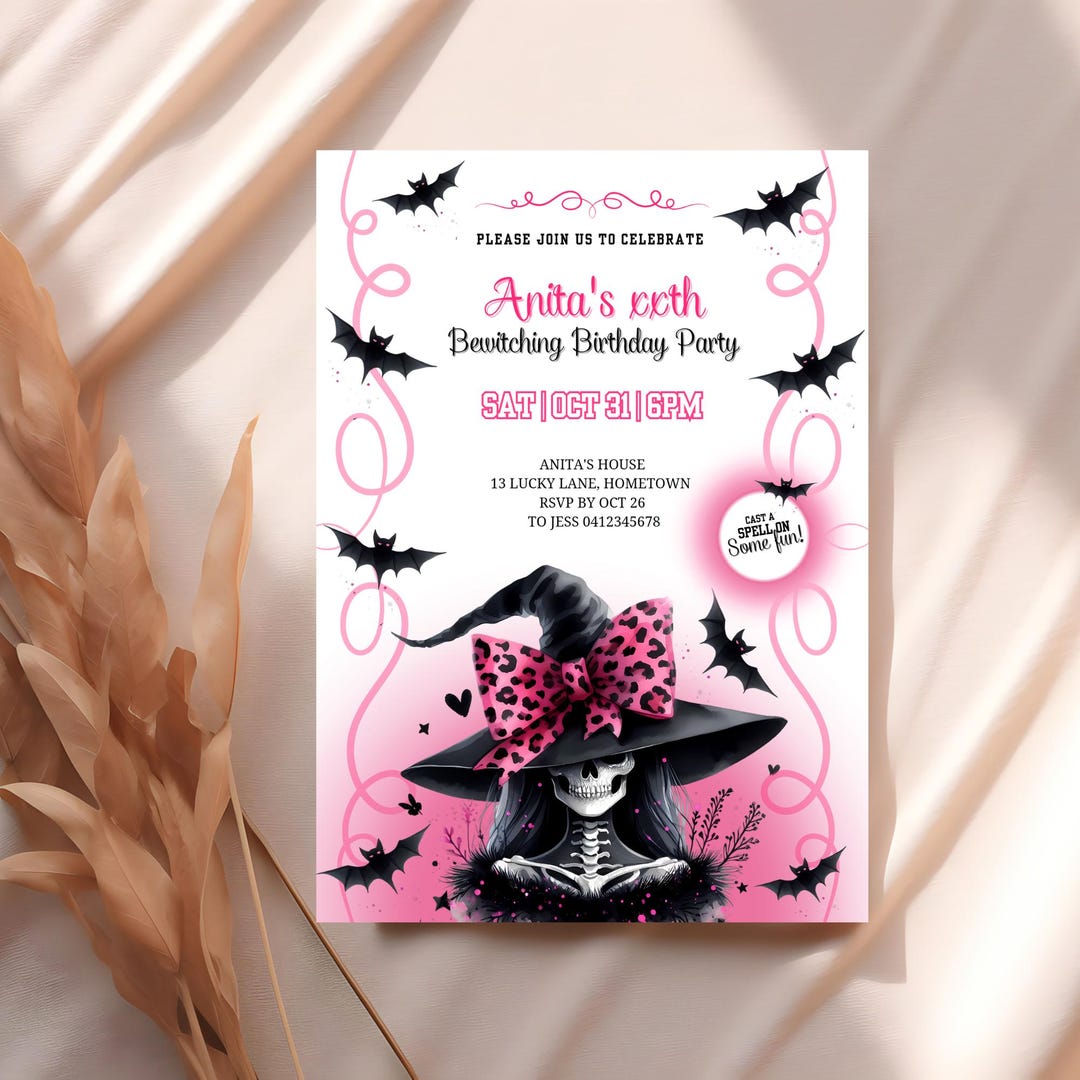 Witch Invite Pink Witch Birthday Invitation Template, Girls Pink & White Halloween ...