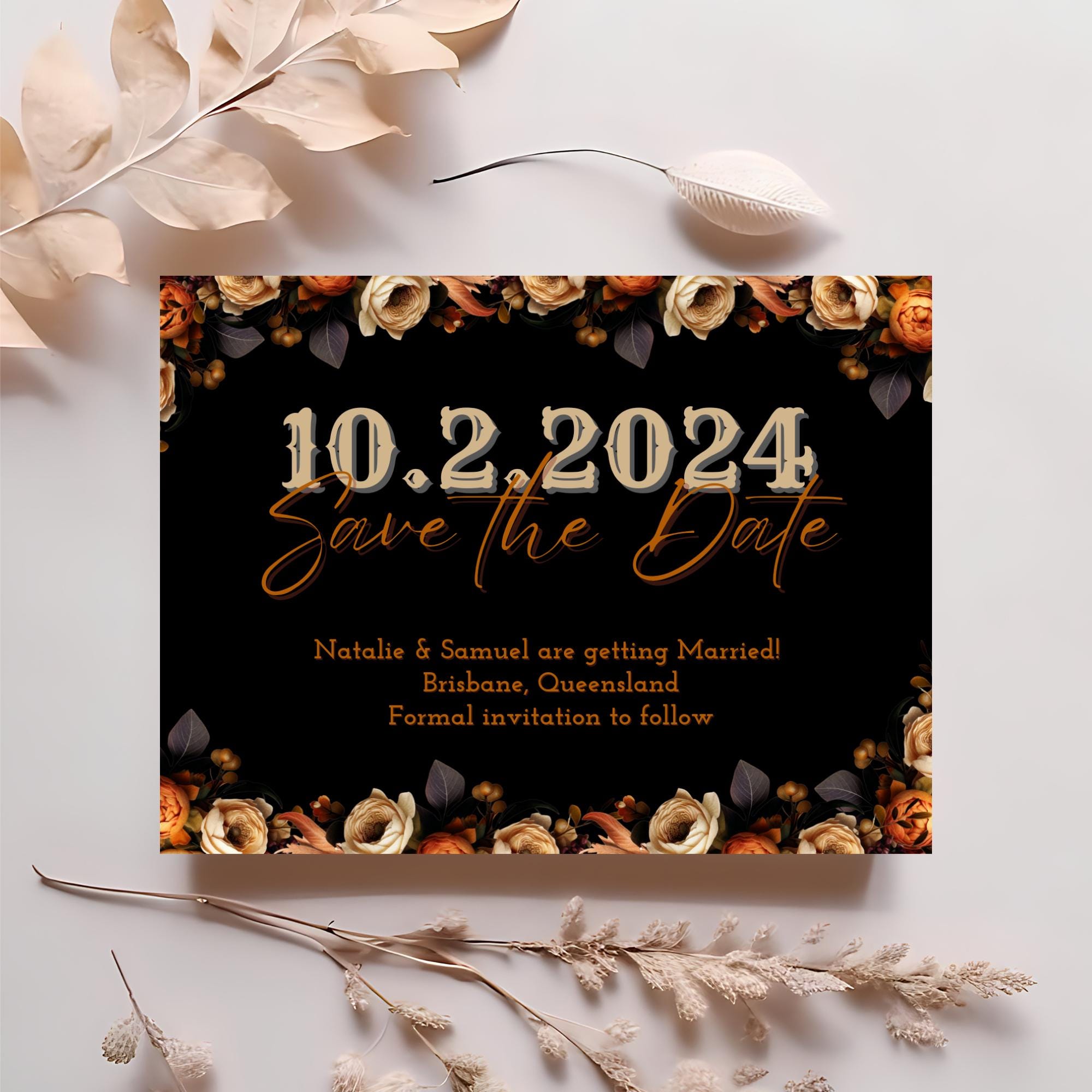 Save the date card template, fall floral moody wedding, fall botanicals, black save our date, invitation insert, editable canva template MGF