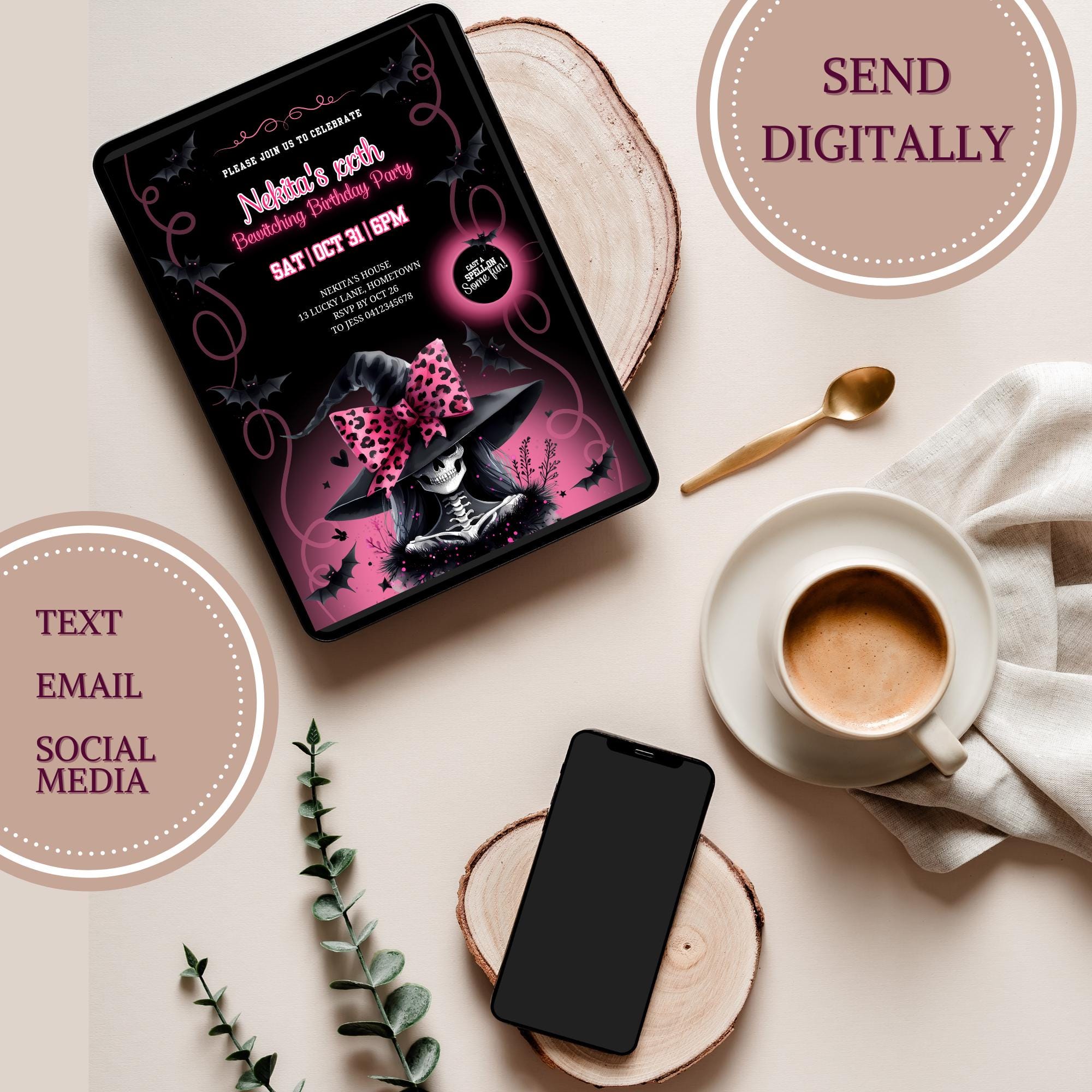 Witch Invite Pink Witch Birthday Invitation Template, Gothic Black & Pink Halloween ...
