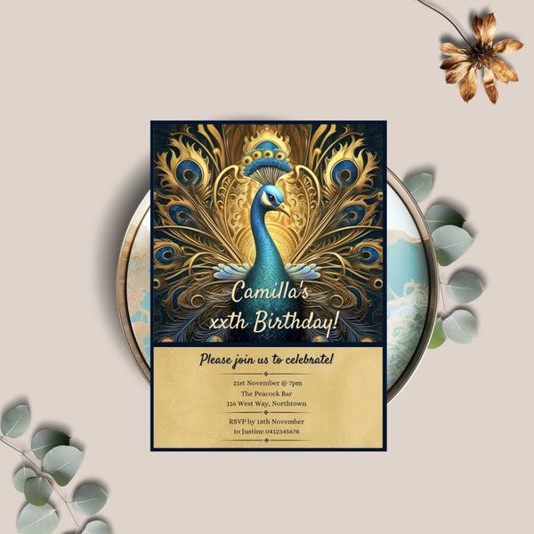 Peacock birthday invitation, womens peacock party invite, peacock feathers party decor, girls printable invite, editable Canva template, PEC