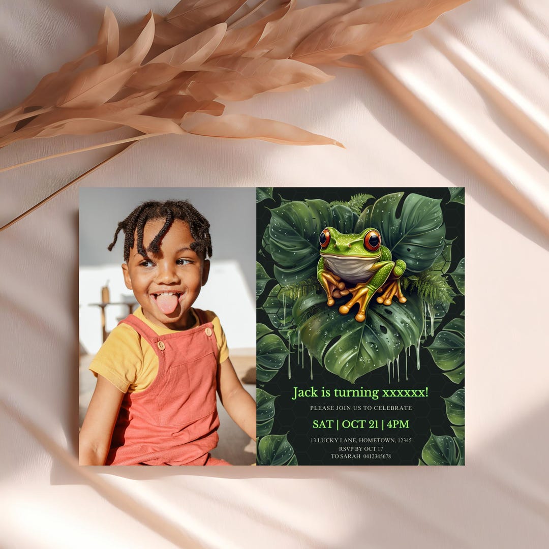 Frog Invite Frog Birthday Photo Invitation Template, Rainforest Baby Invite ...
