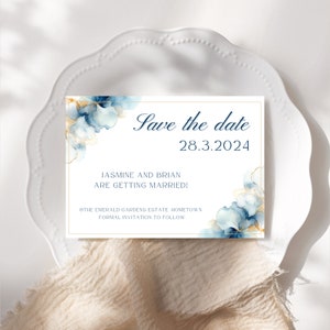 Réservez la date, mariage floral bleu marine et or, plantes classiques, réservez la date modifiable, encart d'invitation, modèle de toile modifiable ENCRE